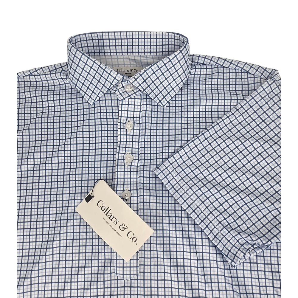 NWT Collars and Co Semi-Spread Collar Polo Blue Tattersall Medium